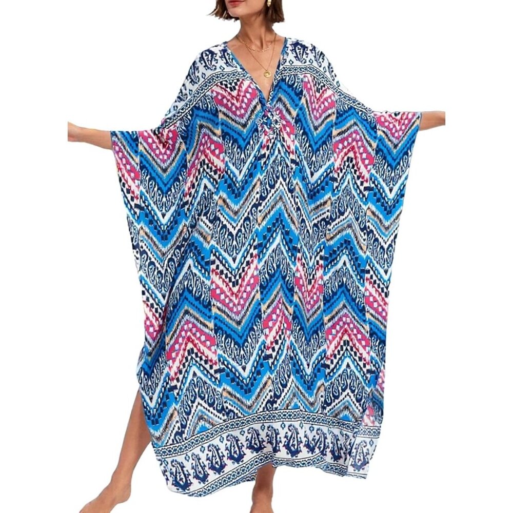 Women Blue White Pink Vneck Batwing Sleeve Flowy Split Hem Bohemian Kaftan Dress